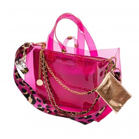 BAG - TOTE IN CLEAR PINK, WATERPROOF PVC ΙΝ 2 STYLES WITH LEATHER POUCH, WALLET, CHAINS & KEYRING  "ALEX KATSAITI X STYLISHIOUS"